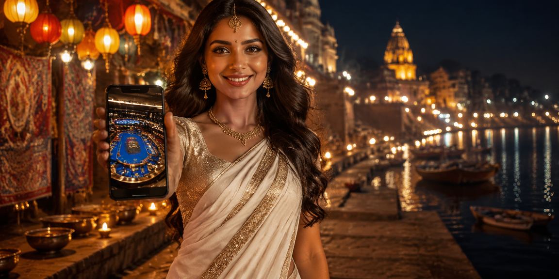 Varanasi ghats with players participating in mobile lottery and casino games